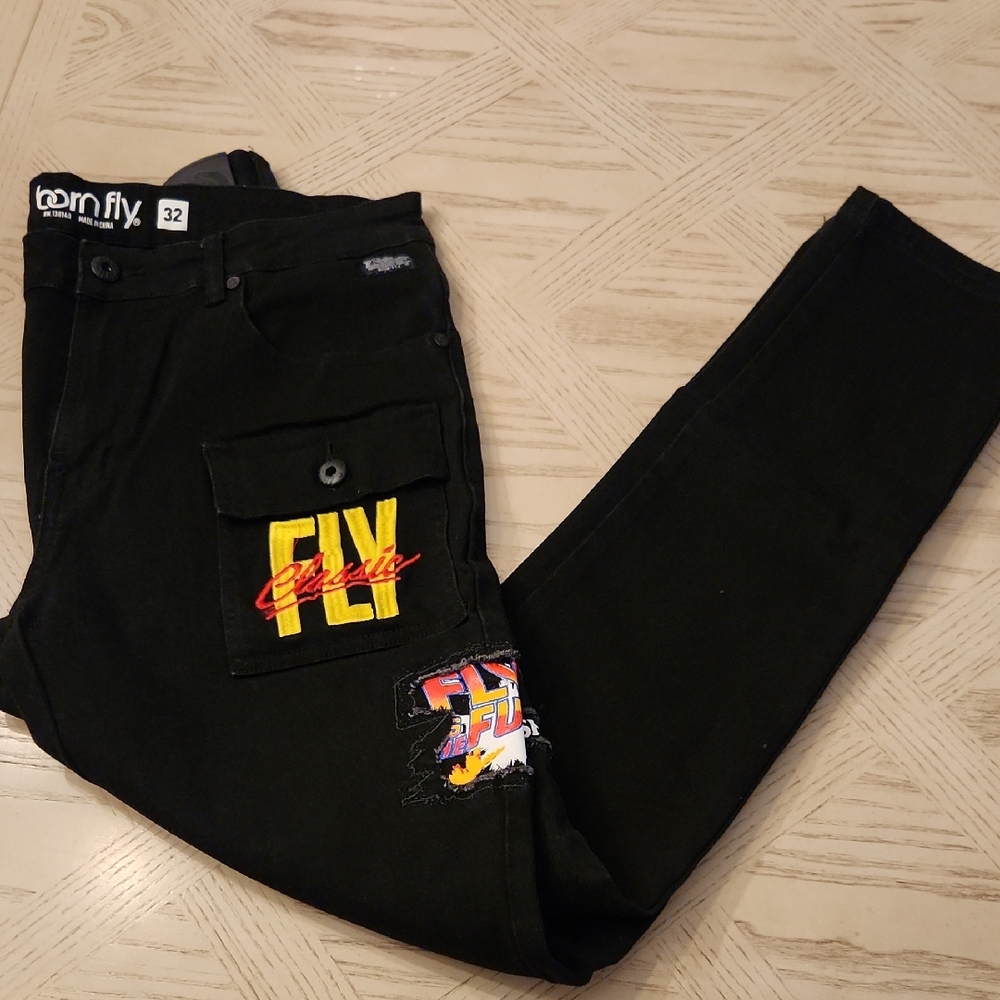 Born Fly Men's Black Street Wear Cargo Pants with Graphic Details Size 32x30 New